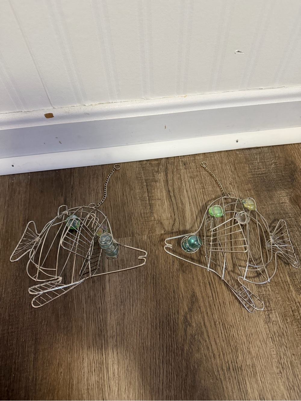 Silver Wire Fish Wall Hangings with Green Glass Accents